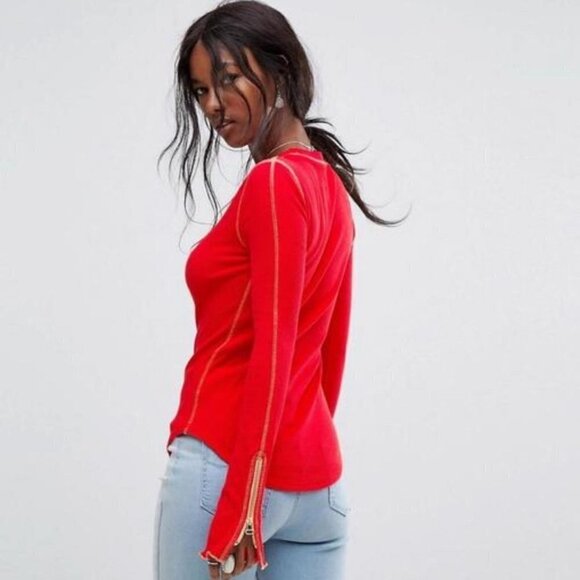 Free People Red Zip It Cuff Waffle Knit Thermal Size XS - Picture 1 of 8